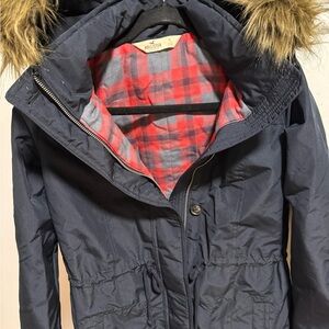 Hollister Women's Dark Blue Ski Jacket with Plaid Red Interior